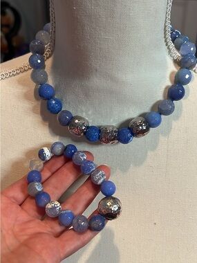 Simon Sebbag Blue Beaded Necklace and Bracelet Set with Silver Accents